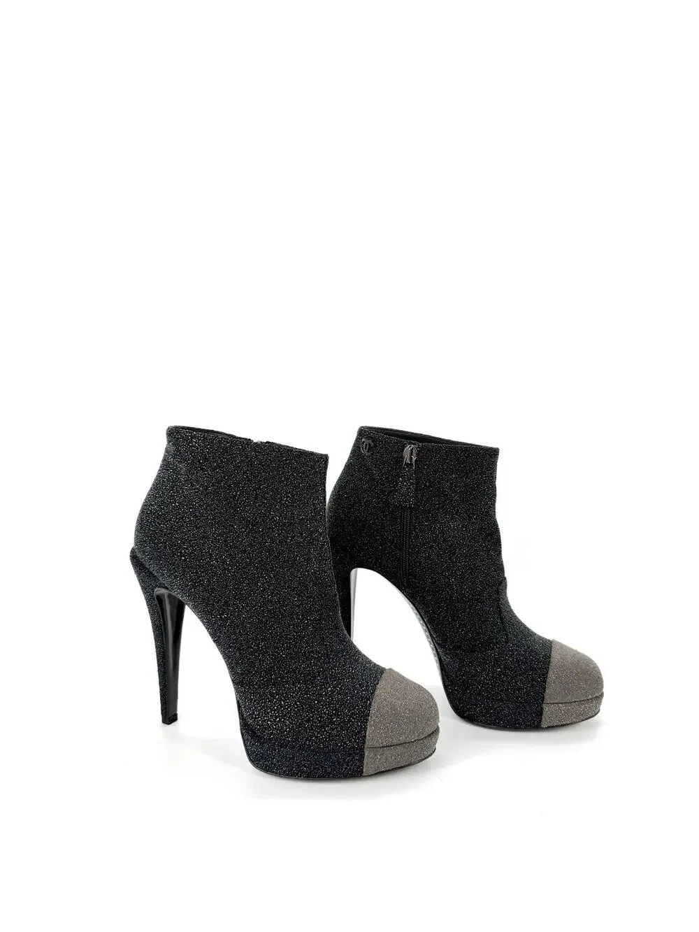 Chanel Bootie EU 40 US 10 Black Gray Leather Sparkle Platform Ankle Boots